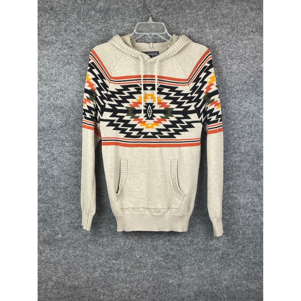 American Rag Sweater Hoodie Mens Small Beige EC Southwestern Aztec Pattern